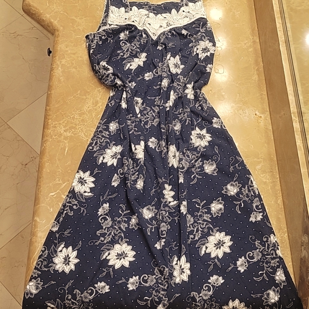 Charter Club Navy Blue Nightgown w/ Floral Laser Cut Lace Neckline, SP